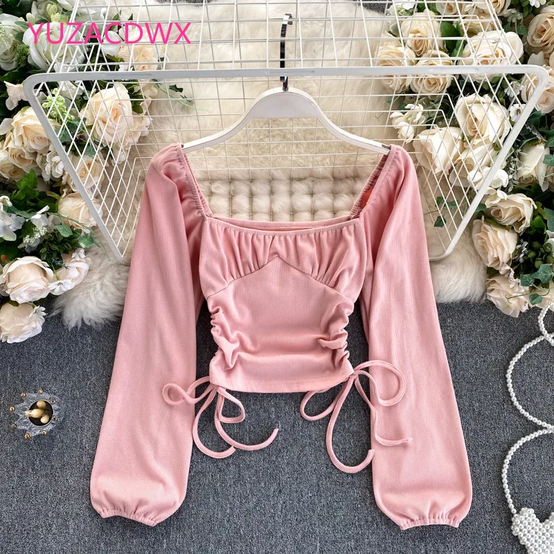 

Lady Square Collar Short Tops Women's Autumn Long-sleeved T-shirt New Fashion Draw Rope Pleated High Waist Short Tops