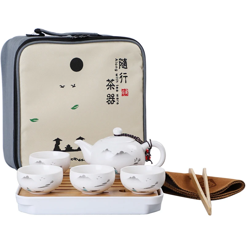 

Ceramic Teapot One Pot Four Cup Outdoor Travel Teapot Tote Bag Travel Cup Set Gift Tea Set Chinese Tea Set