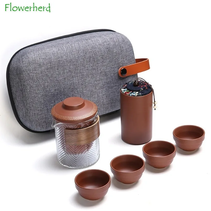 

Purple Clay Ceramic Kung Fu Tea Set Teaware Tea Pot and Cup Set One Pot Four Cups Portable Travel Glass Tea Set