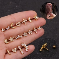 1pc stainless steel star moon flower stud earrings small cartilage zircon heart cross earrings for women jewelry accessories