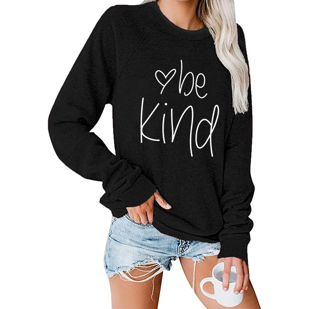 

woman oversize sweatshirt be kind letter pattern casual o-neck pullover autumn loose long sleeve female home clothes