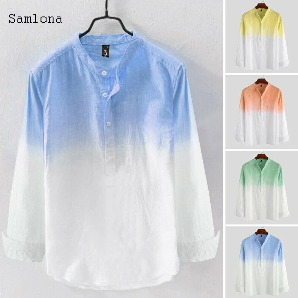 

Новинка 2020, летняя повседневная тонкая рубашка, Мужская одежда, контрастные Висячие окрашенные рубашки с длинными рукавами, модные городск...