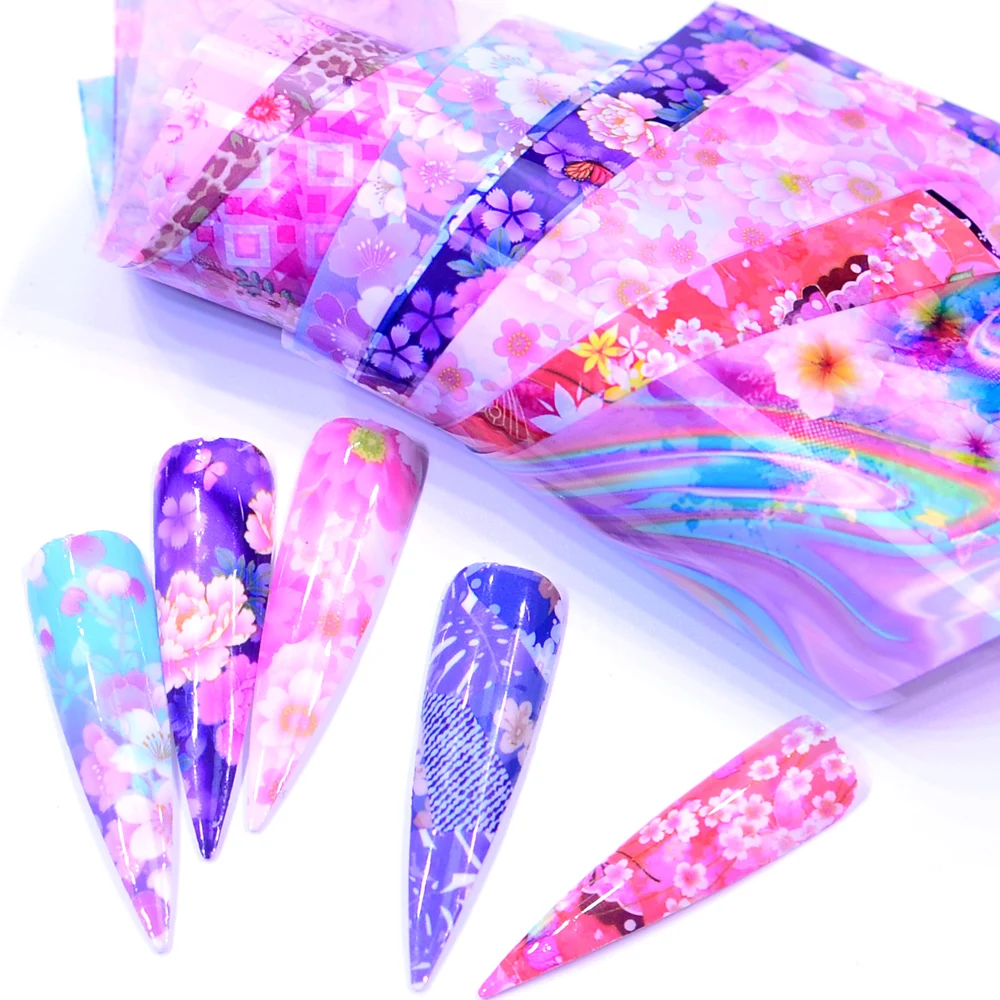 

ZKO 10 PCS Flower/Christmas Metallic Foil For Nail Slider Holographic Transfer Wrap Sticker Adhesive Starry Manicure Decor