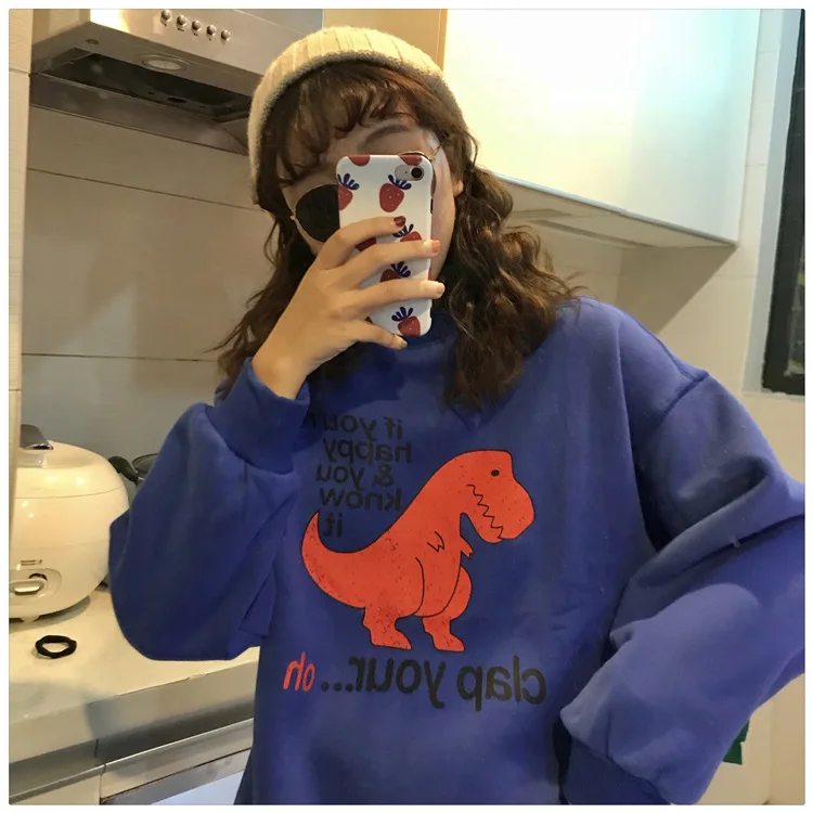 

Loose Round Neck Plus Velvet Thickened Dinosaur Alphabet Cartoon Printing Sweater Women Round Neck Long Sleeve Sweatshirt