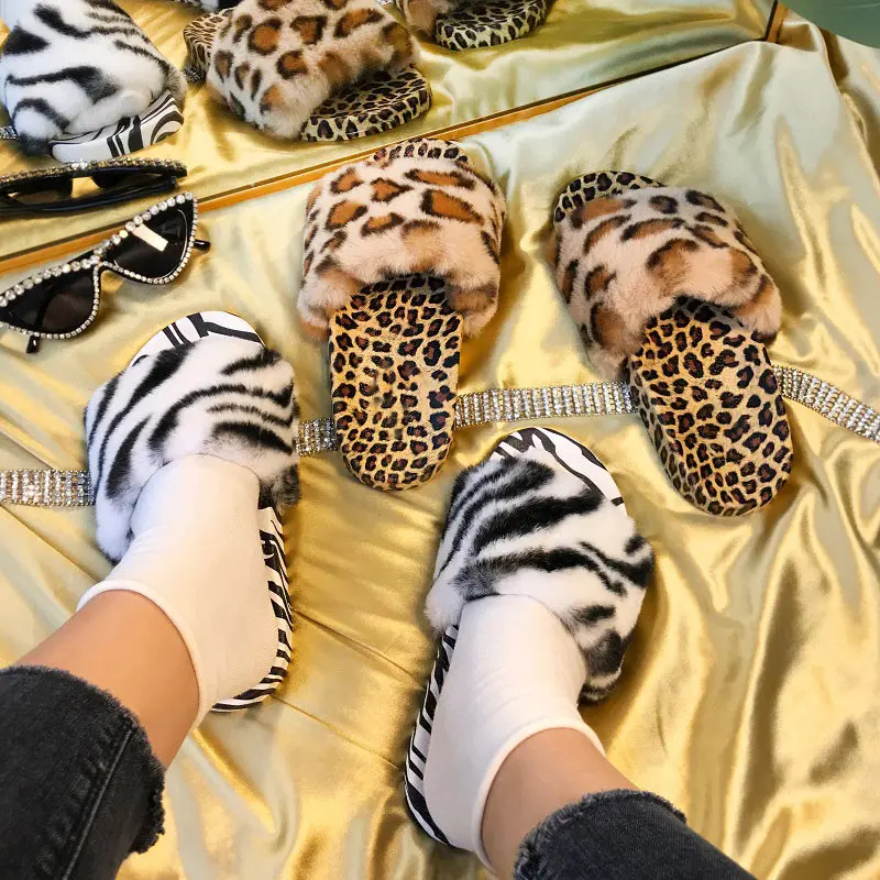

Fashion Leopard Flock Women's Slippers Fluffy Warm Plush Ladies Flats Shoes Woman Casual Indoor Open Toe Faux Fur Home Slippers