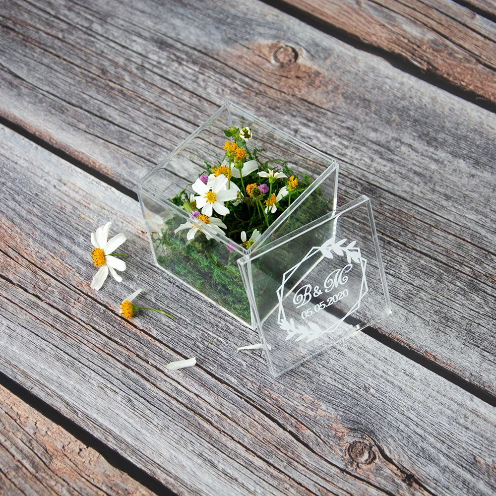 Прозрачная акриловая коробка для обручальных колец на заказ имя и дата обложке