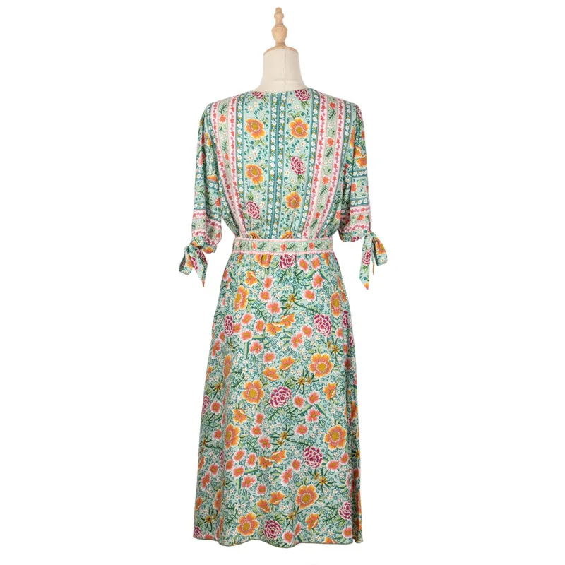 

New Summer Dress 2021 Bohemian Five-point Sleeve Leisure Vacation Deep V-neck Mid-length Floral Dresses Beach Robe Vestidos