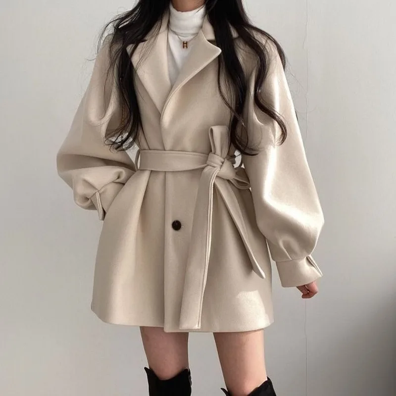 

Female Elegant Warm Trendy Slim Fit Button Outwear Office Lady Jacket Y2k Indie Women V-neck Wool Blend Coat Belt Solid Coats