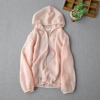 spring summer new women loose plus size sweet embroidery comfortable water washed thin ramie see through hooded shirtsblouse