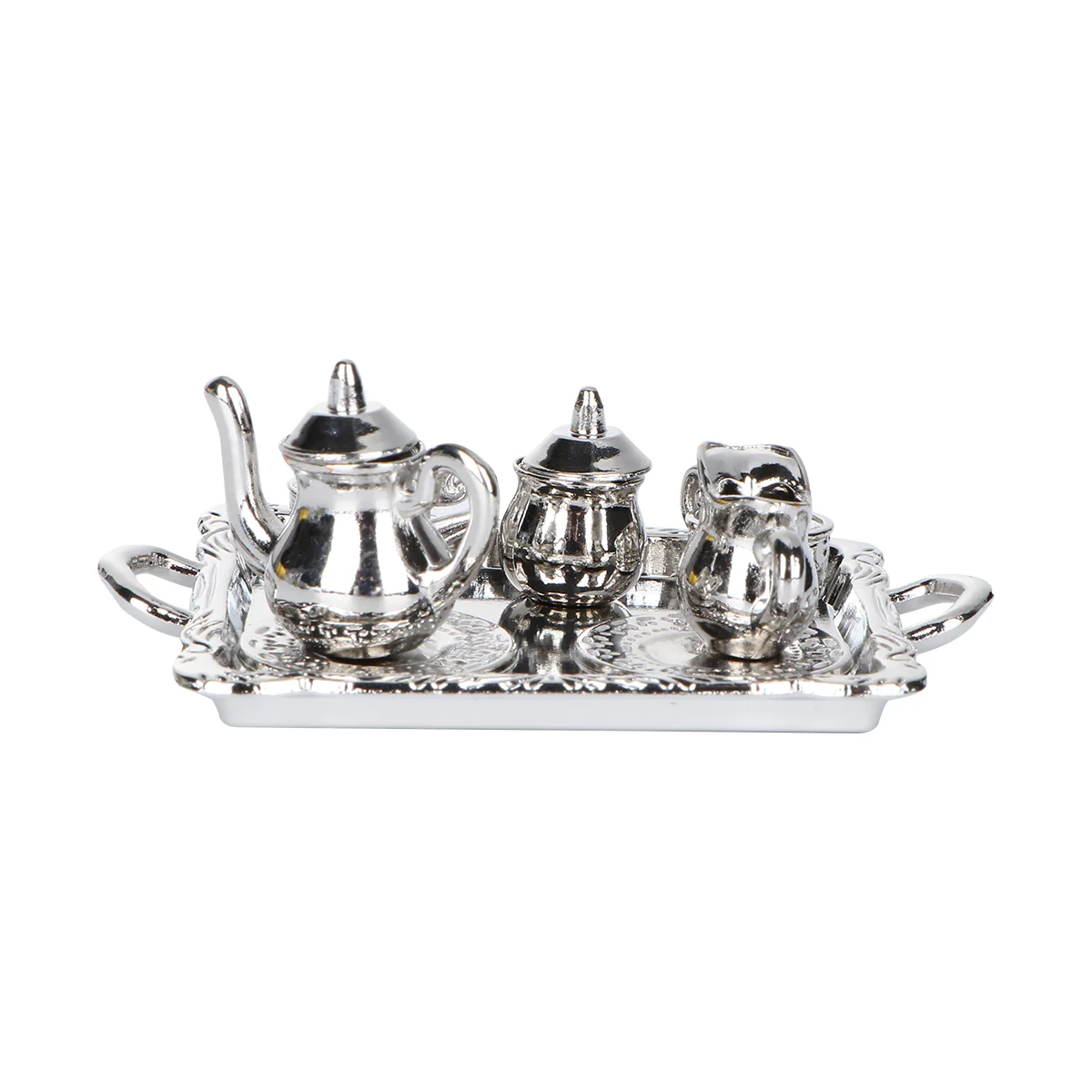 

1 Set Alloy Mini Scene Model Miniature Teaware Kit Desktop Ornament Doll House Accessory (Silver)