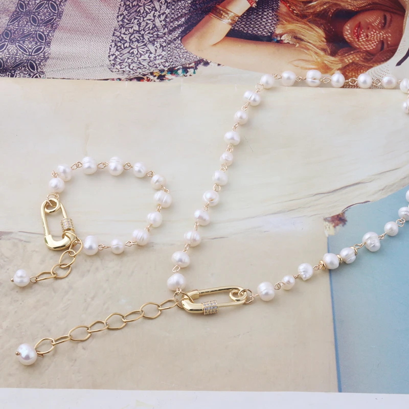 NeeFu WoFu set necklace Freshwater Pearls Zircon short Bohemia Stainless steel jewelry wholesa | Украшения и аксессуары