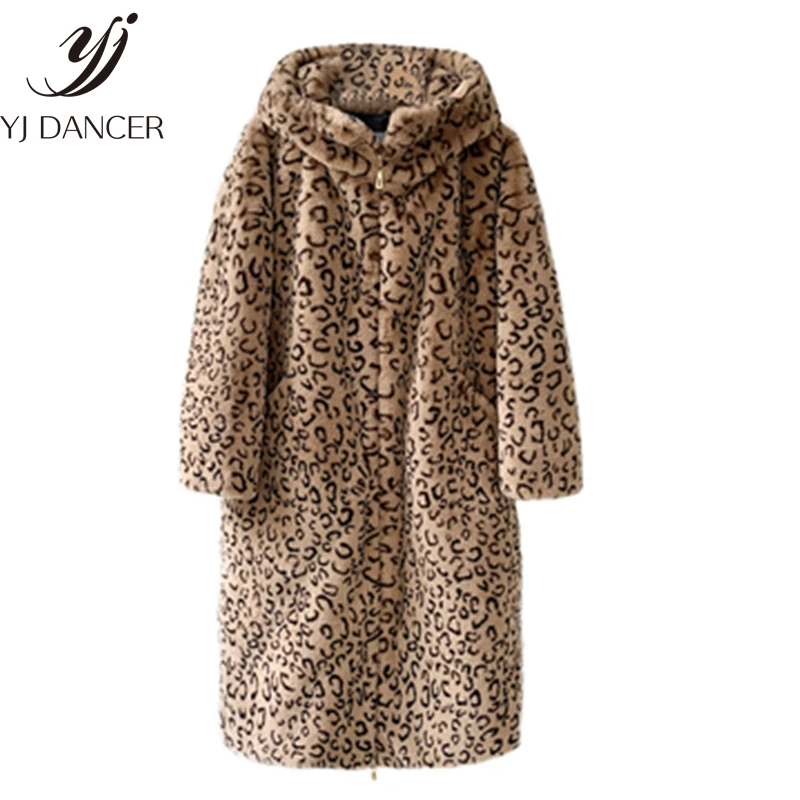 Женское леопардовое меховое пальто новинка зимы 2019 длинное с капюшоном из