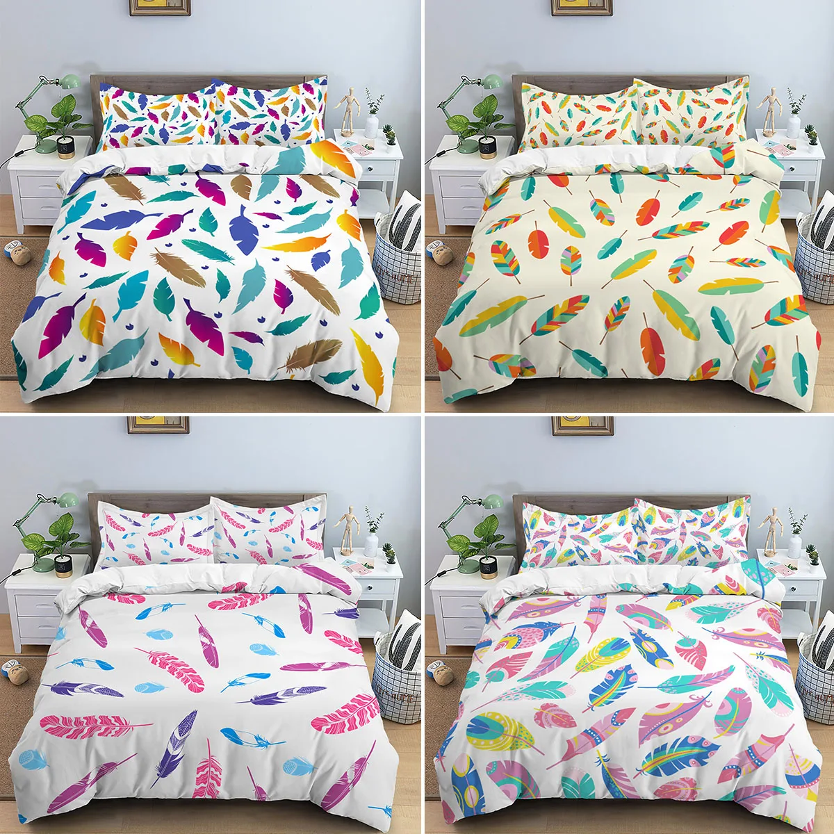 

Queen King Size Duvet Cover Pillowcase Colorful Feather Pattern Quilt Cover 2/3Pcs Home Textile Sets Girl Bed Comforter Cover