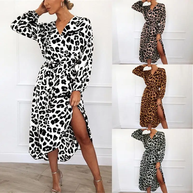 

ZITY Leopard Dress 2019 Women Chiffon Long Beach Dress Loose Long Sleeve Deep V -Neck A -Line Sexy Party Dress Vestidos