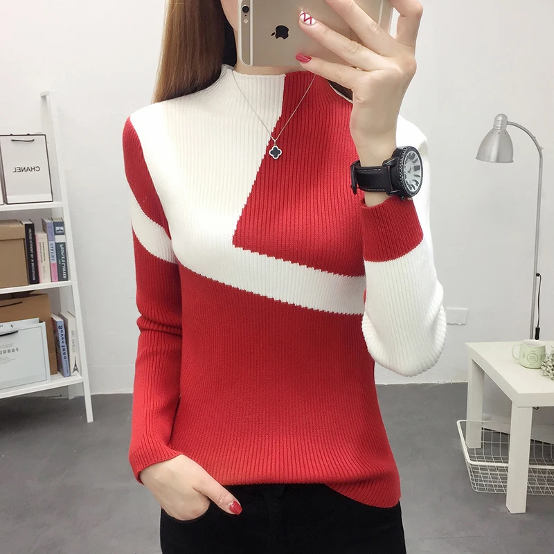 

Sweater Women for Winter 2022 Fashion Autumn Patchwork Knitted Long Sleeve Pullover Female screw thread Slim Jumper ropa mujer