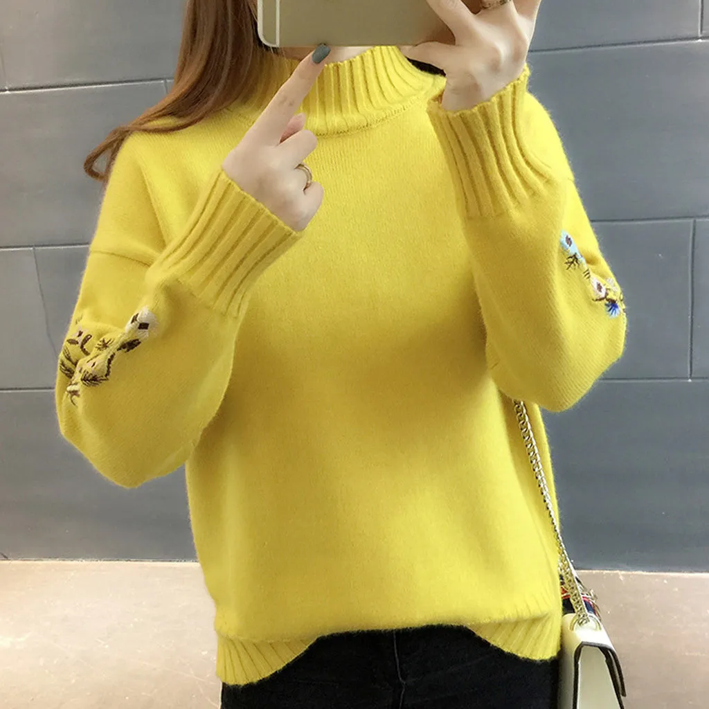 New Loose Thick Warm Winter Pullover Sweater Women Embroidery Jumper Half Turtleneck Long Sleeve Knit Yellow Sweater Female