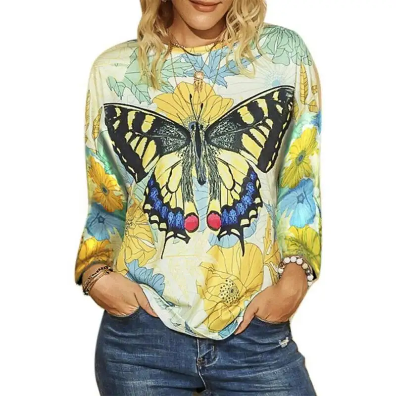 

Womens Butterfly Printed Long Sleeve T Shirts Blouse Ladies Casual Loose Tops