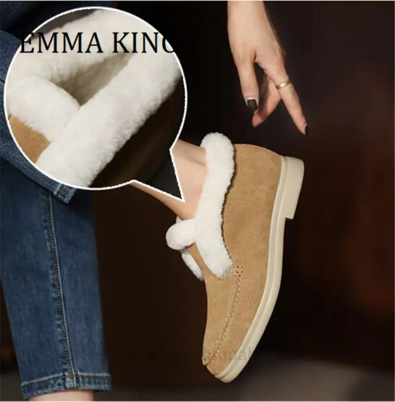 

2021 New Women Snow Ankle Boots Cow Suede Leather Fur Plush Warm Boots Casual Female Flats Booties Comfortable Women Footwear