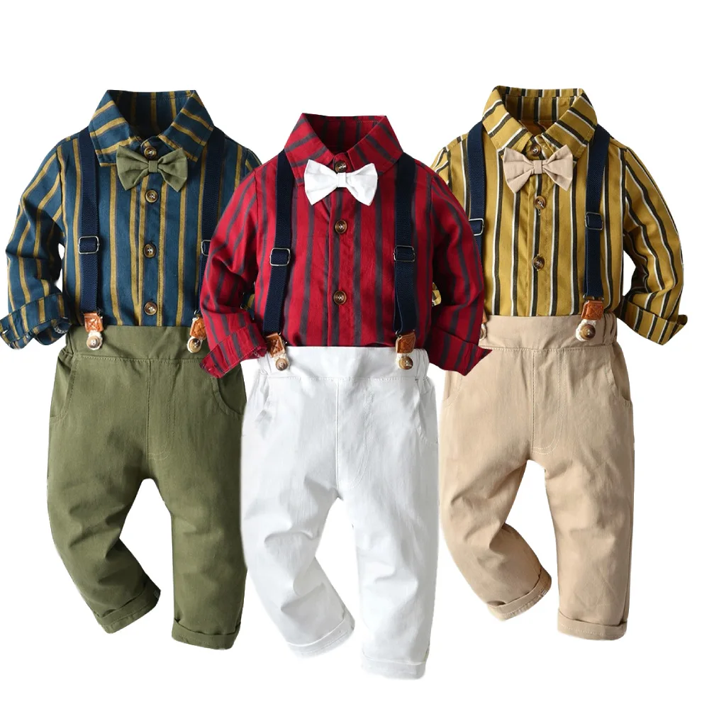 

Childrens Gentleman Suits 2Pcs/Set Kids Baby Boys Business Suit Fashion Multicolor Striped Shirt+ Overalls Suit For Boys 1-7 Age