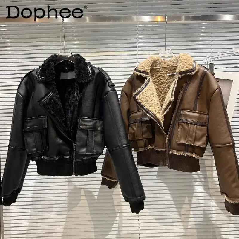 

Short Pu Jacket Fur Collar Pocket Slim Fit Motorcycle Coat Plus Fleece Warm Pu Leather Jacket Women 2020 Autumn Winter Clothing