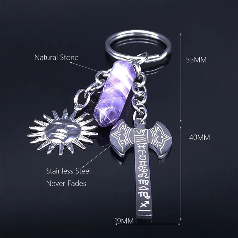 

12 Constellations Axe Astrology Stainless Steel Purple Crystal Hexagonal Column Quartz Keyrings Women Jewelry llaveros NXS02