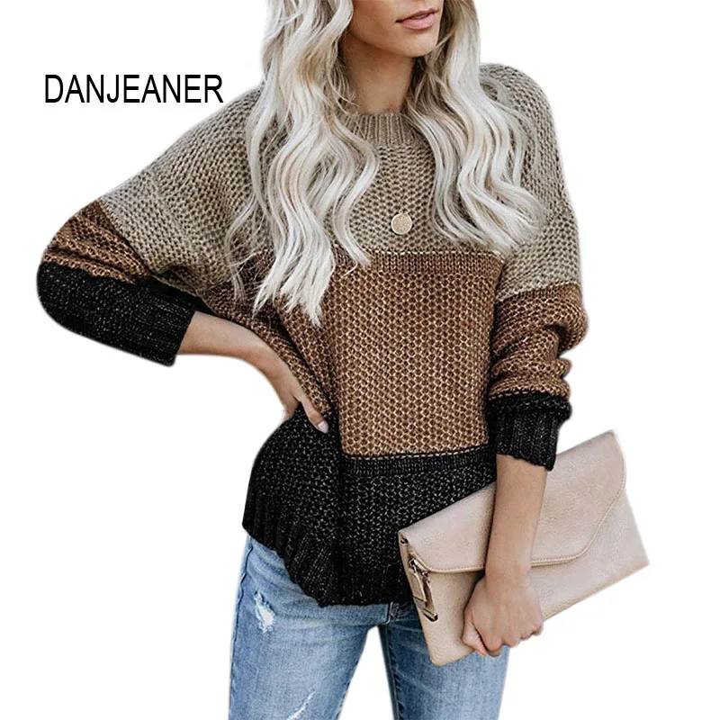 DANJEANER 2019 Autumn Winter Striped Patchwork Long Sleeve Pullover Sweater Tops Female Casual Thick Knitted Long Jumpers Coats winter men casual warm slim sweater knitted striped long sleeve patchwork pullover male elastic solid sexy spring basic tops