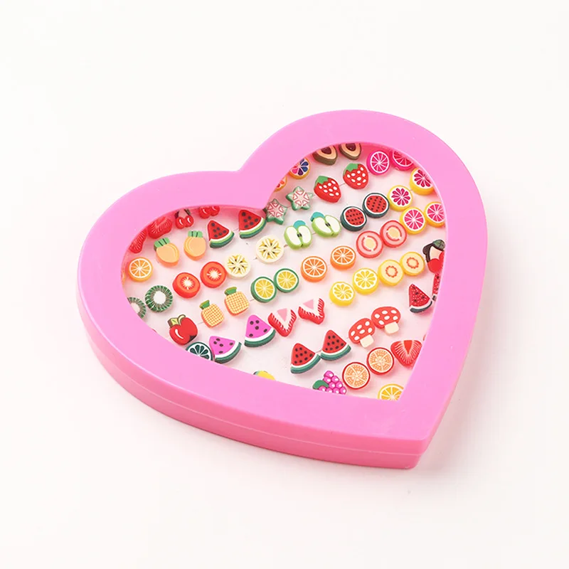 36 Pairs/set Handmade Earrings Girls Fruit Animal Clay Earring Stud Sets Childen Earring Set Mix With Heart Box Earrings Jewelry