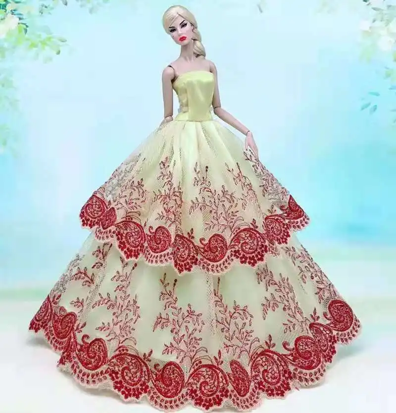 

Yellow Pink Floral Princess Dresses For Barbie Doll Outfits Clothes Off Shoulder Lace Wedding Gown 1/6 BJD Dolls Accessories Toy