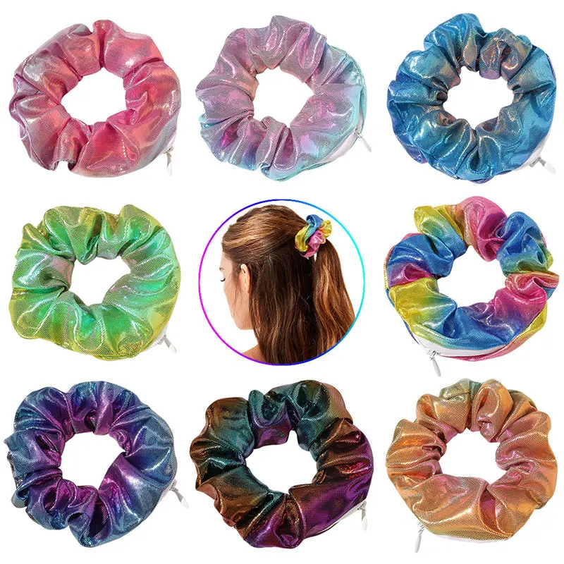 Gradient Color Scrunchies With Zip Zipper Women Elastic Hair Bands Laser Cloth Luxury Pocket Ring Girls Accessories |