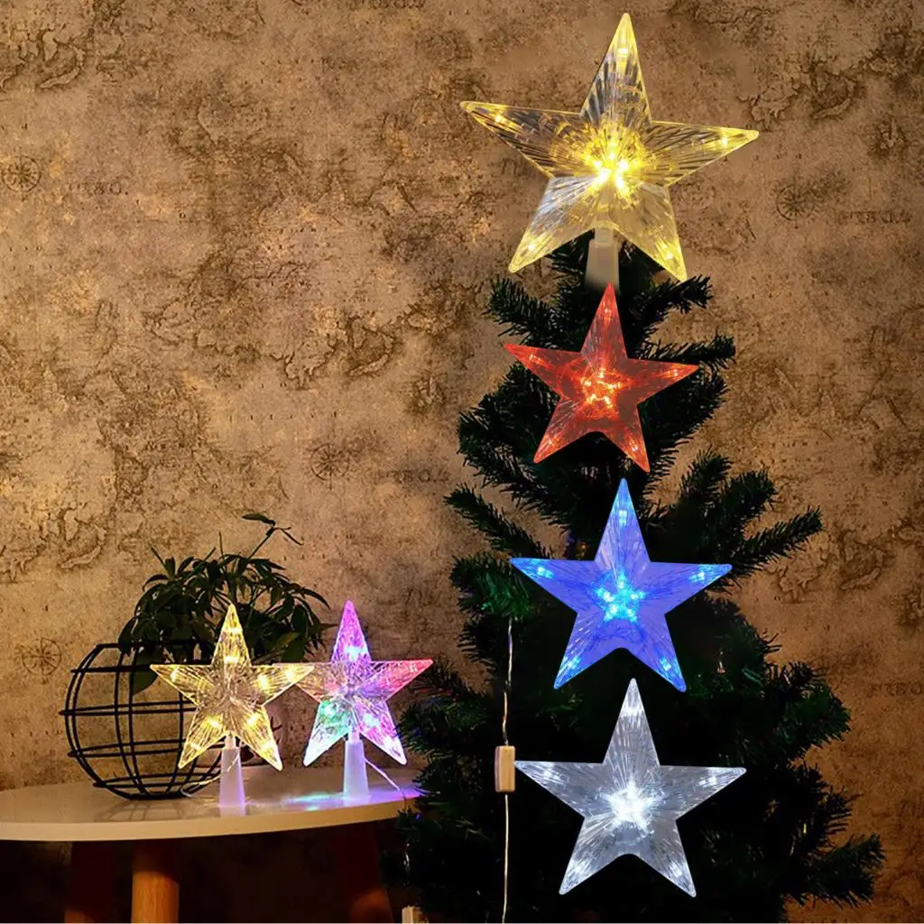 Hot!!1Pc Led Christmas Tree Top Star Lights Five-pointed Star Glowing Xmas Tree Ornaments Navidad New Year Party Decor Gifts