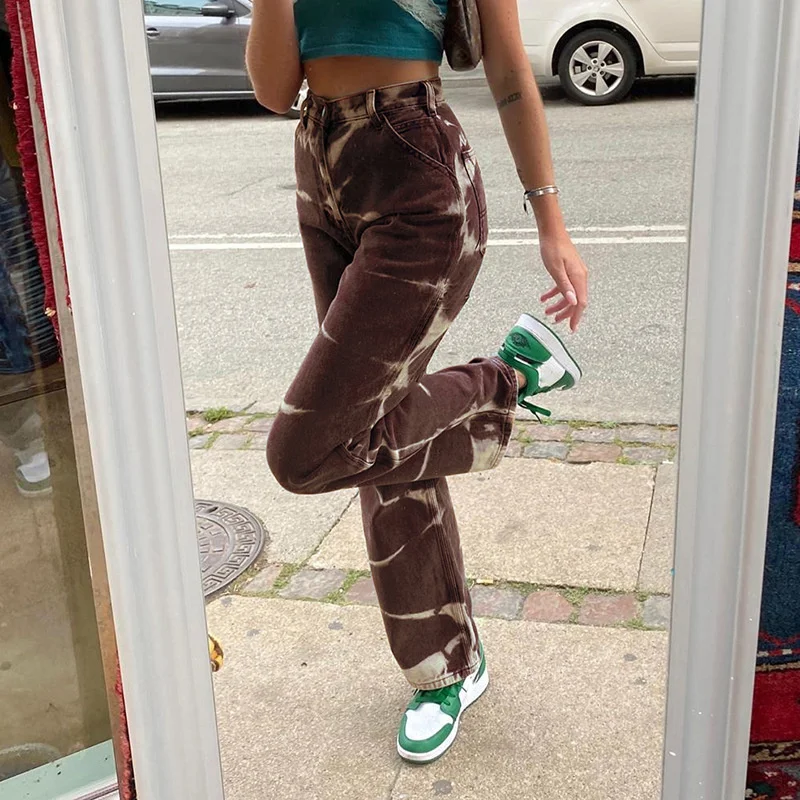 

2021 Spring Tie Dye Y2k Loose Jeans Women Streetwear Joggers Brown Vintage High Waist Straight Denim Pants Women's Trousers