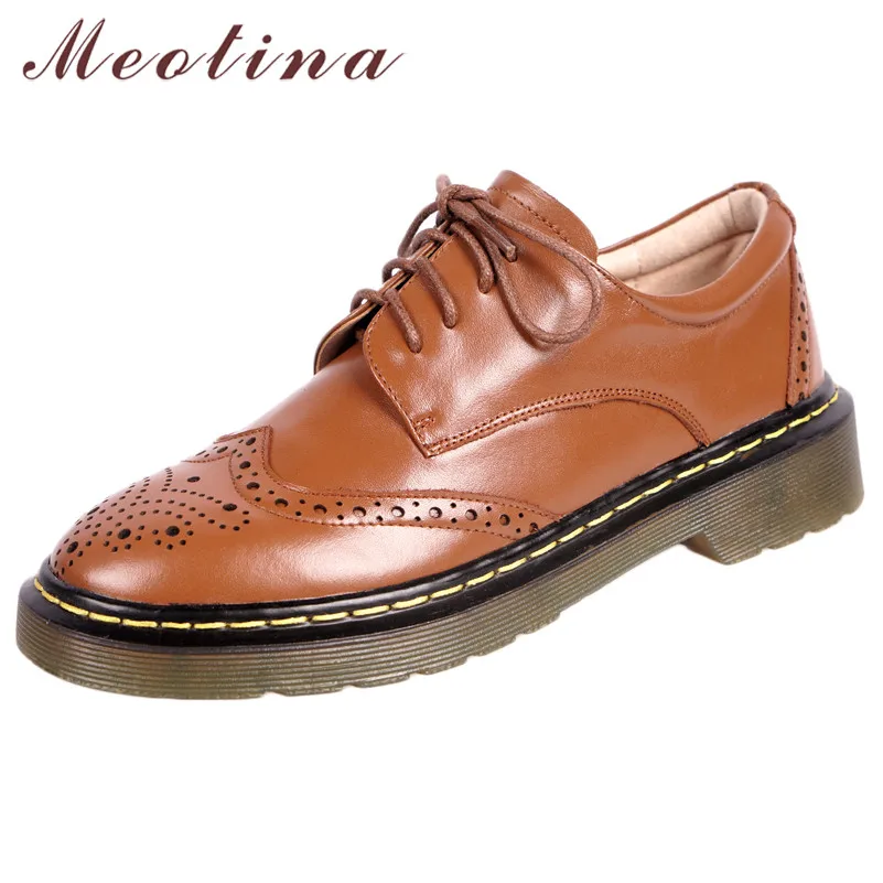 

Meotina Cow Leather Flats Women Shoes Natural Genuine Leather Flat Brogue Shoes Fashion Lace Up Round Toe Shoes Lady Size 34-40