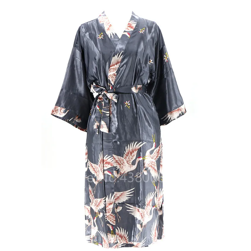 

Gray Satin Long Bathrobe Women Japanese Kimono Wedding Bride Bridesmaid Robe Nightgown Sleepwear Print Crane Kimono XL
