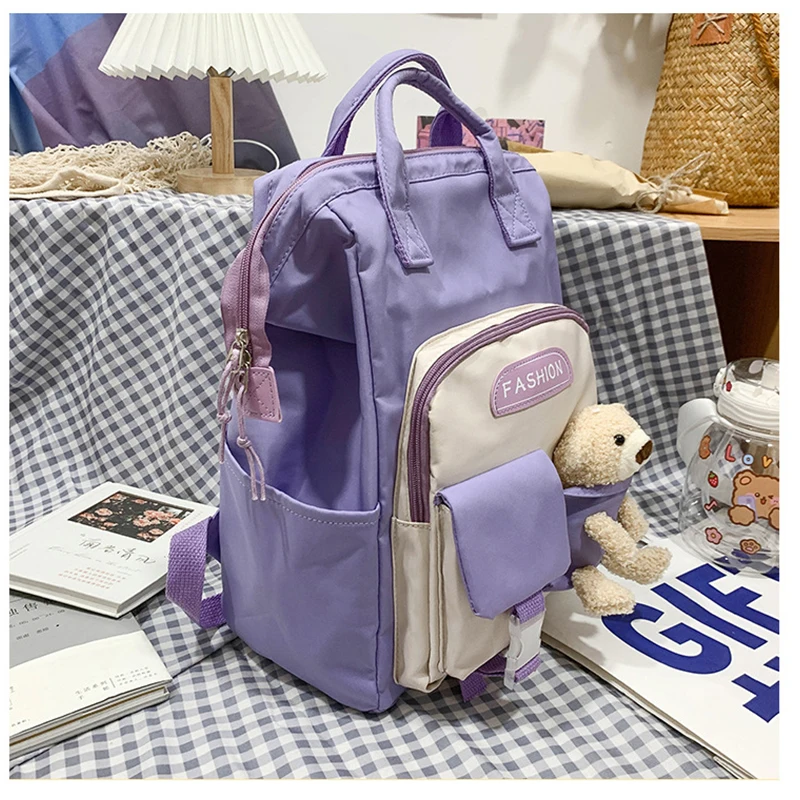 

Middle Student School Bags for Teenage Girls Nylon Backpack Women Cute Bear Bookbag