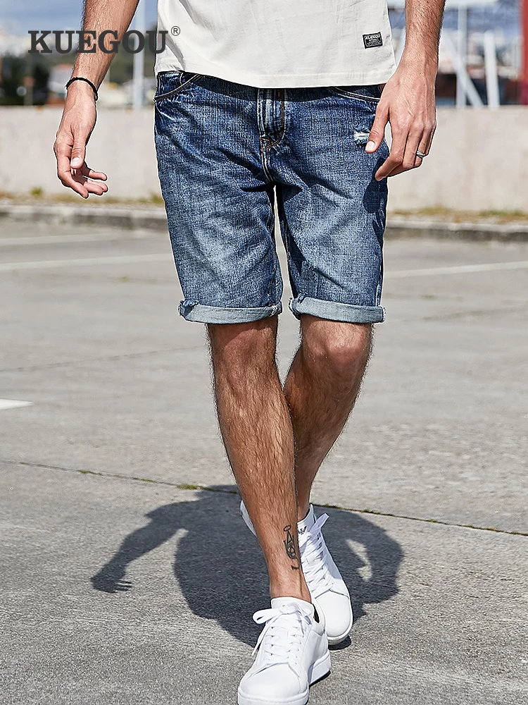 

KUEGOU Men's denim shorts jeans 100% cotton Summer fashion wash the old hole Straight type jeans shorts men Pants KK-2991