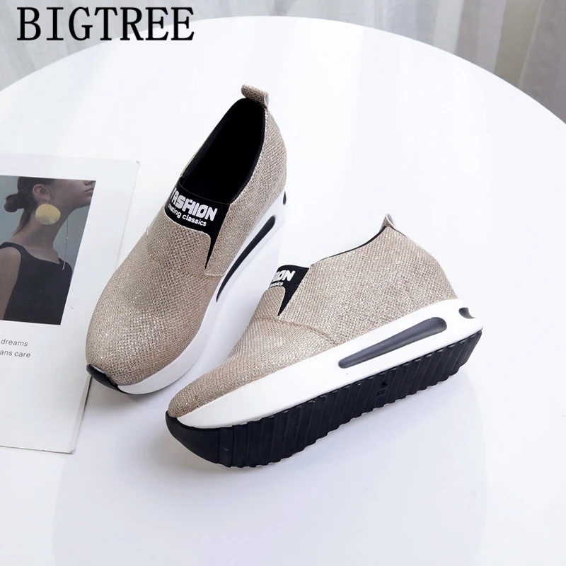 Женские Блестящие Кроссовки на танкетке высокие без шнуровки повседневная обувь