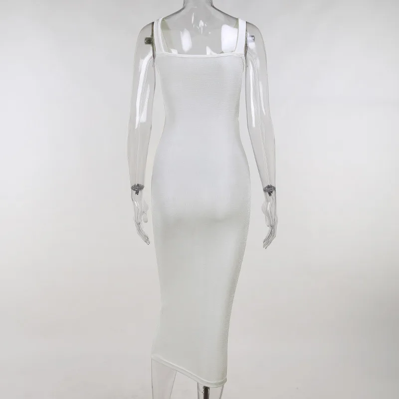 

Elegant Knitted Cut Out Dress Women Summer Sleeveless Long Dress Ruched Drawstring Party Bandage Bodycon Casual Midi Dresses