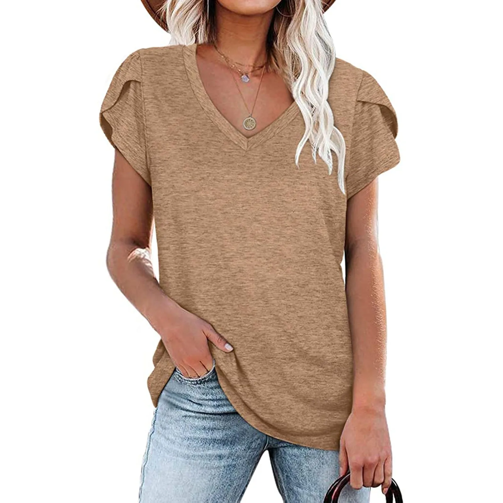 

2021 Summer Casual Short Sleeve Blouses Shirts Women Solid Color V Neck T-shirt Female Basic Tees Loose Tops Plus Size Clothing