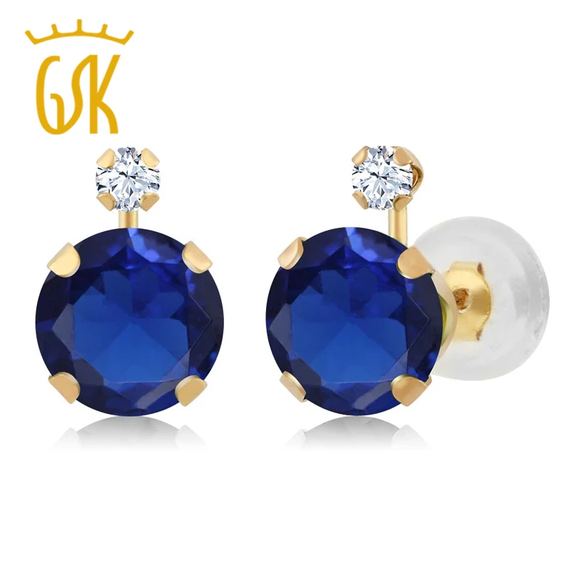 GemStoneKing 2 08 Ct синий и белый сапфир 14K желтое золото серьги для женщин ювелирные