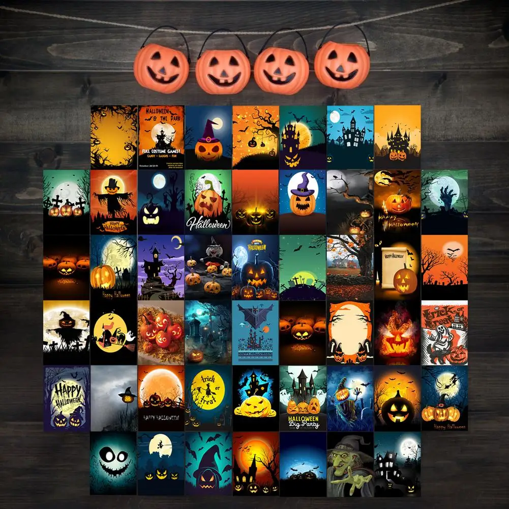 

50PCS Halloween Theme Postcard Collage Set Halloween Decorative Wall Stickers Decals Living Room Bedroom Wallpaper 10x15cm