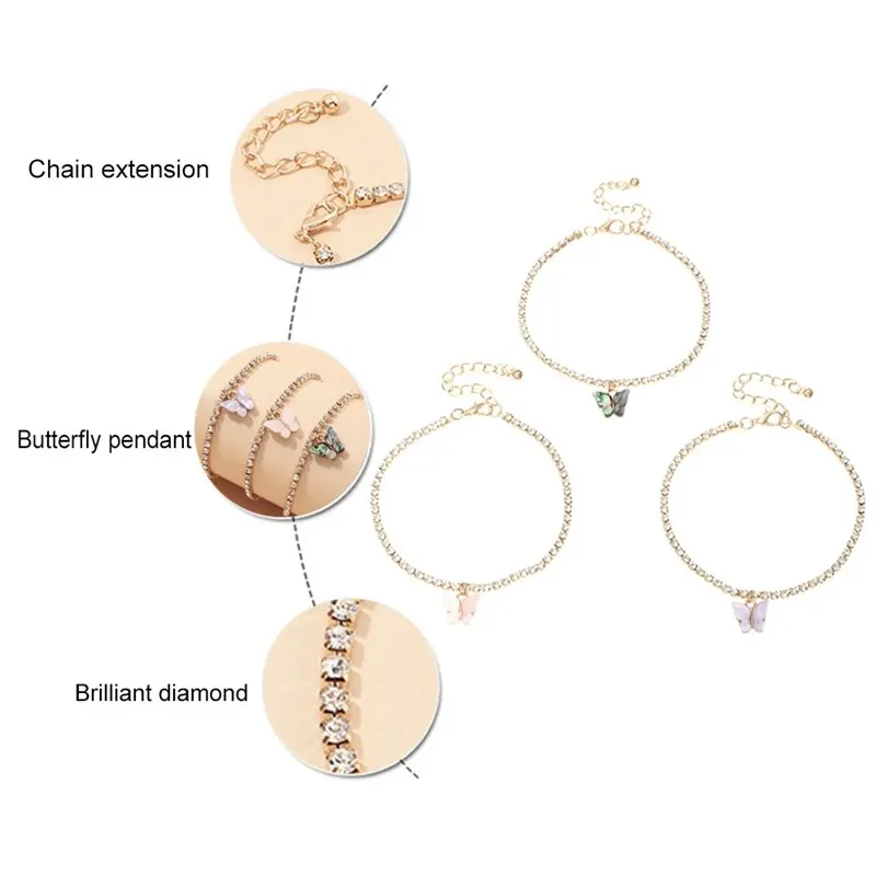 

3 PCS/Set Gold Butterfly Tennis Anklet Rhinestone Chain Ankle For Women Girls Fashion Beach Foot Chain Bracelet Jewelry