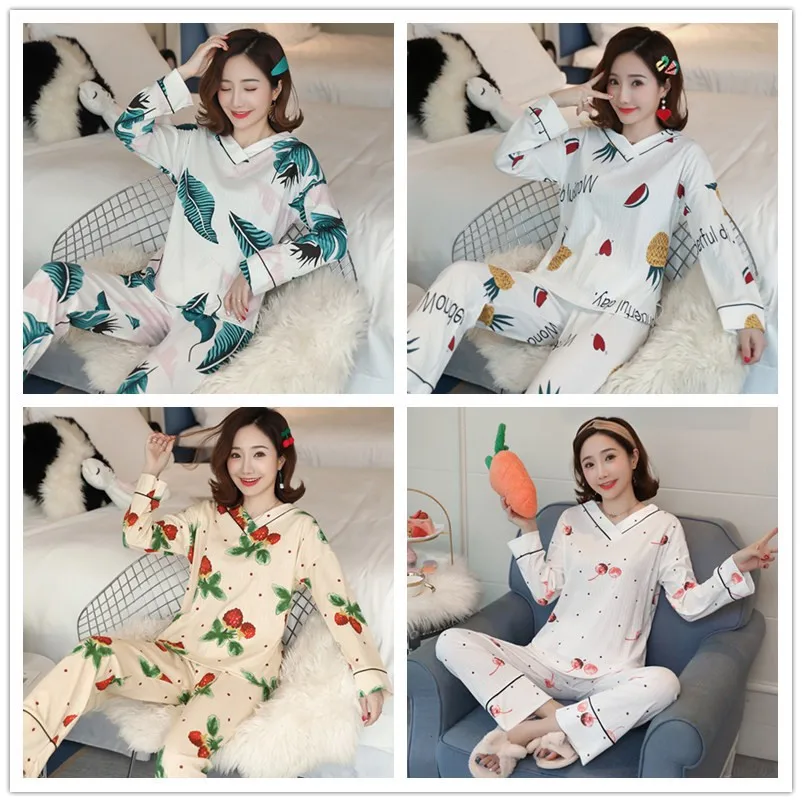 Женская Хлопковая пижама с v-образным вырезом комплект одежды для сна милым