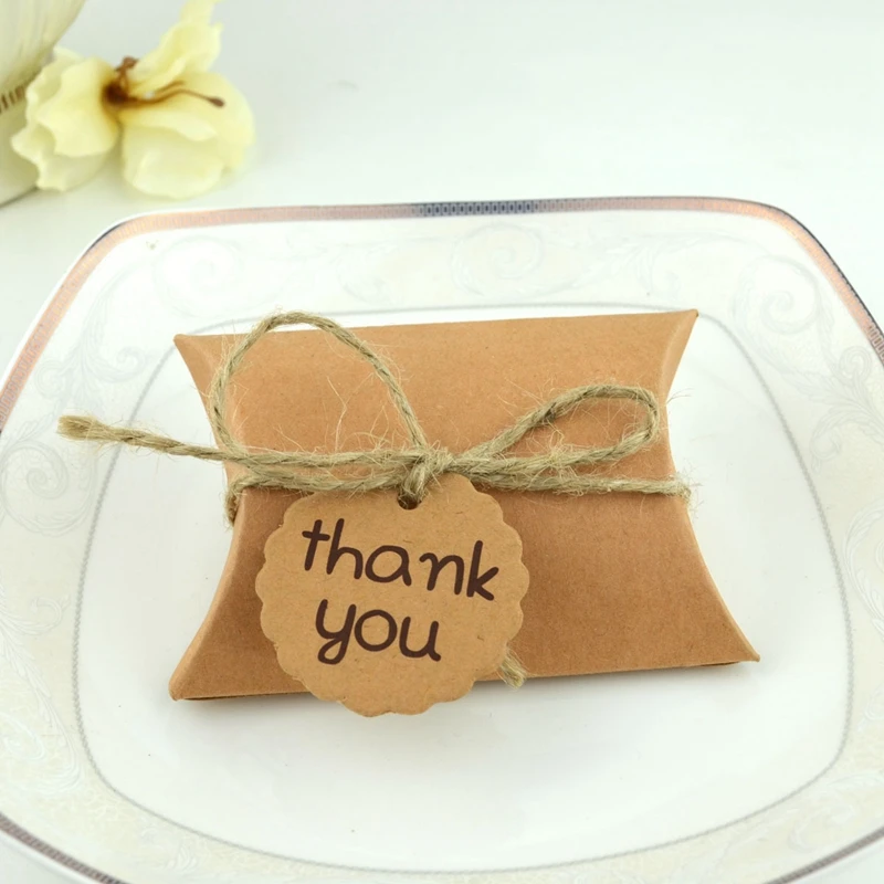 

10pcs Mini Pillow Shape Candy Boxes with Tags Thank You Kraft Paper Gift Box Wedding Favors Bags for Wedding Kids Birthday Party