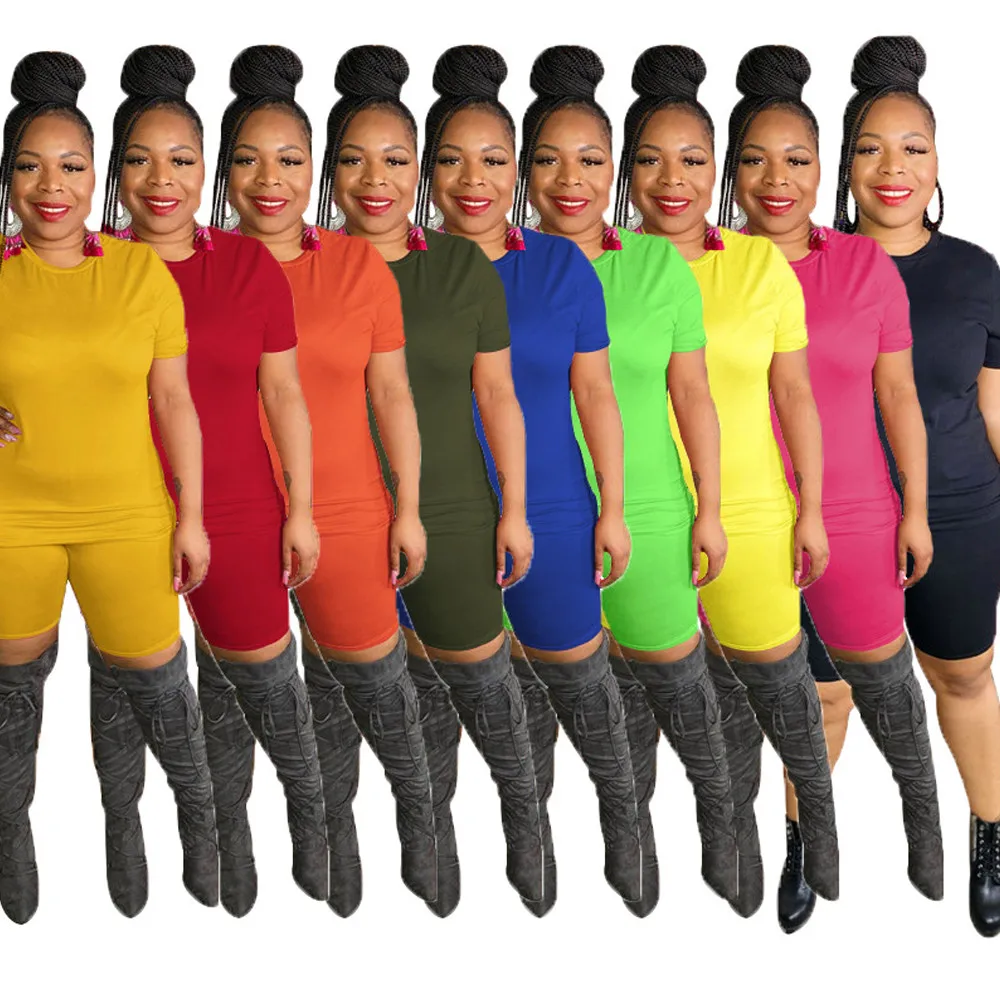 

XL-5XL Plus Size Two Piece Set Summer Clothes for Women Short Sleeve Workout T-shirt and Skinny Biker Short Oversize Sweatsuit