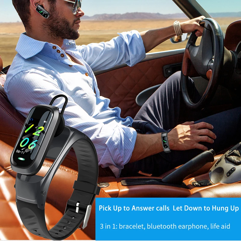 Беспроводные Bluetooth наушники 2 в 1 смарт браслет HD голосовые вызовы кардио трекер