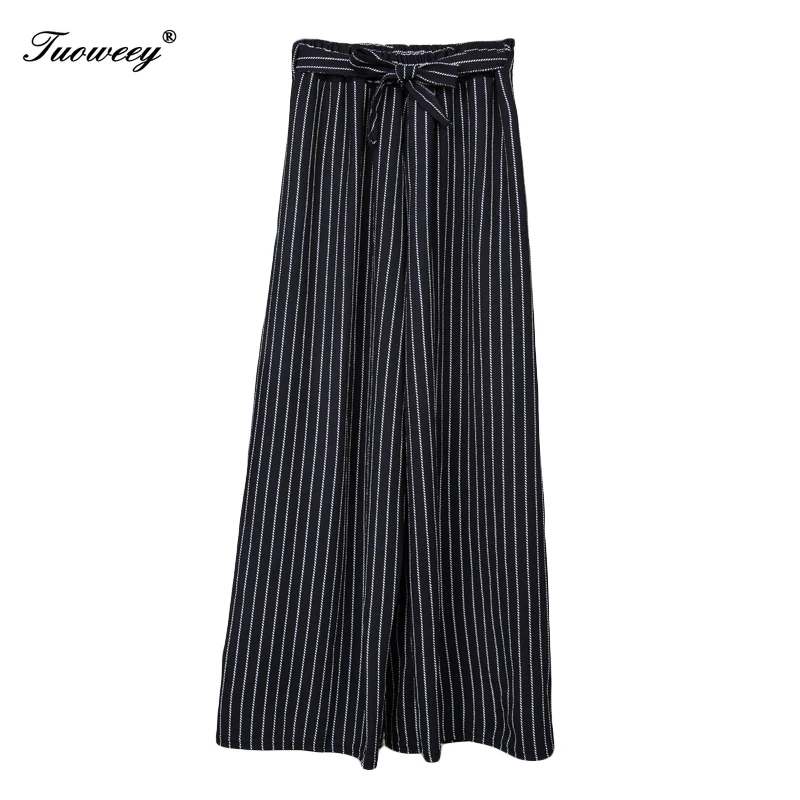 

Womem wide leg pants female vintage elastic waist drawstring bow loose 2019 summer autumn fashion striped pant casual trousers