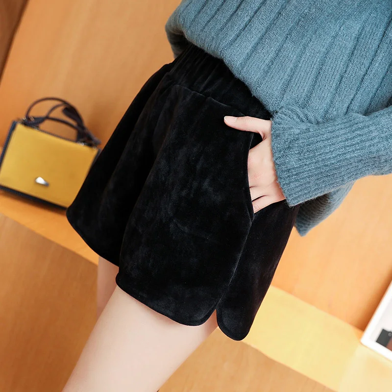 Женские бархатные шорты с высокой талией черные свободные повседневные
