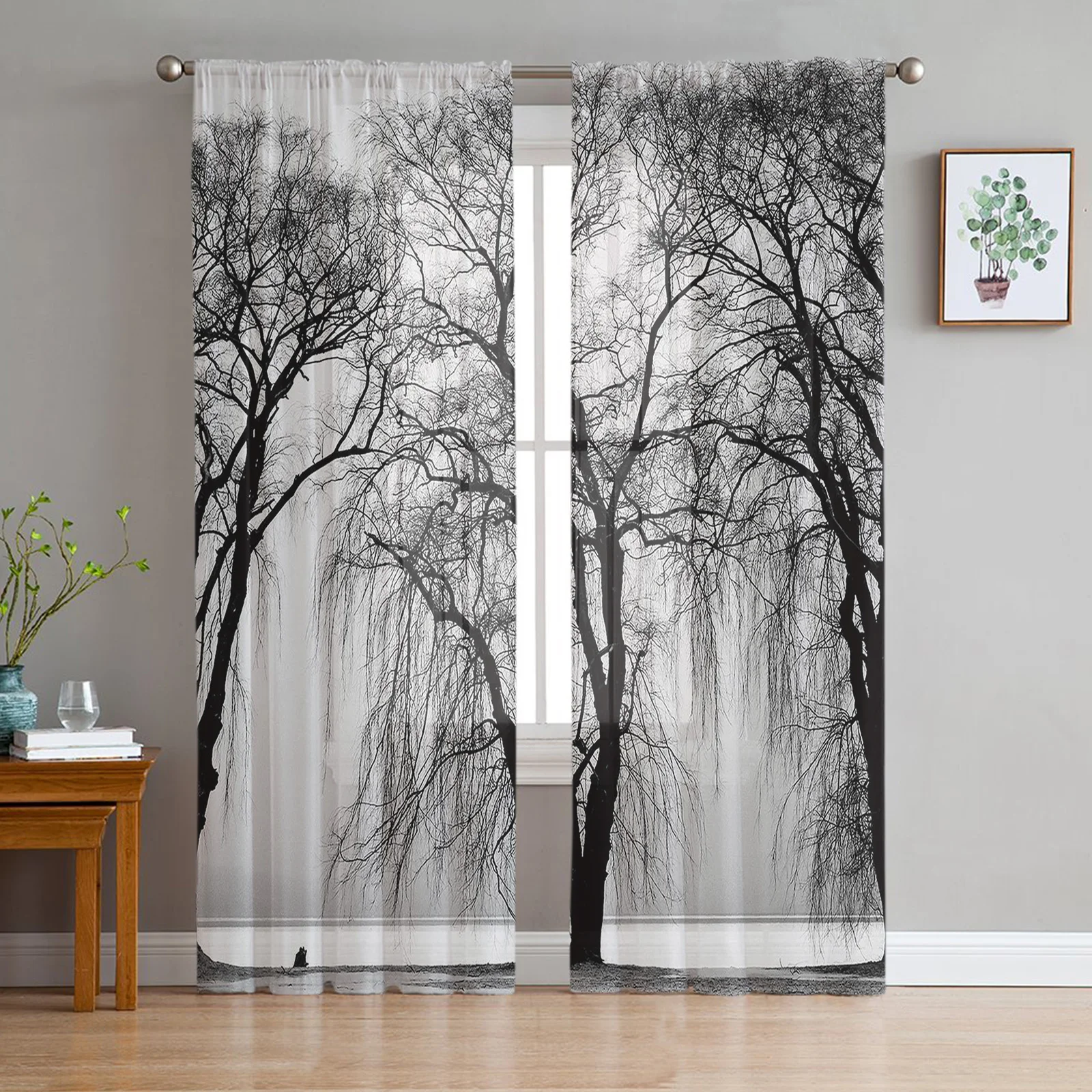 

Trees Silhouettes Landscape Curtain For Living Room Transparent Tulle Curtains Window Sheer For The Bedroom Accessories Decor
