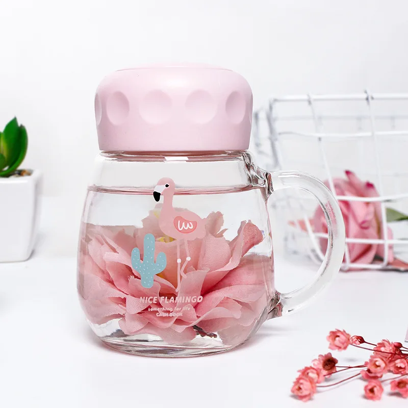 

350ml Creative Flamingo Unicorn Cute Cartoon Travel Glass Bottle Printed Animal Student Transparent Water bottle Cup With Handle