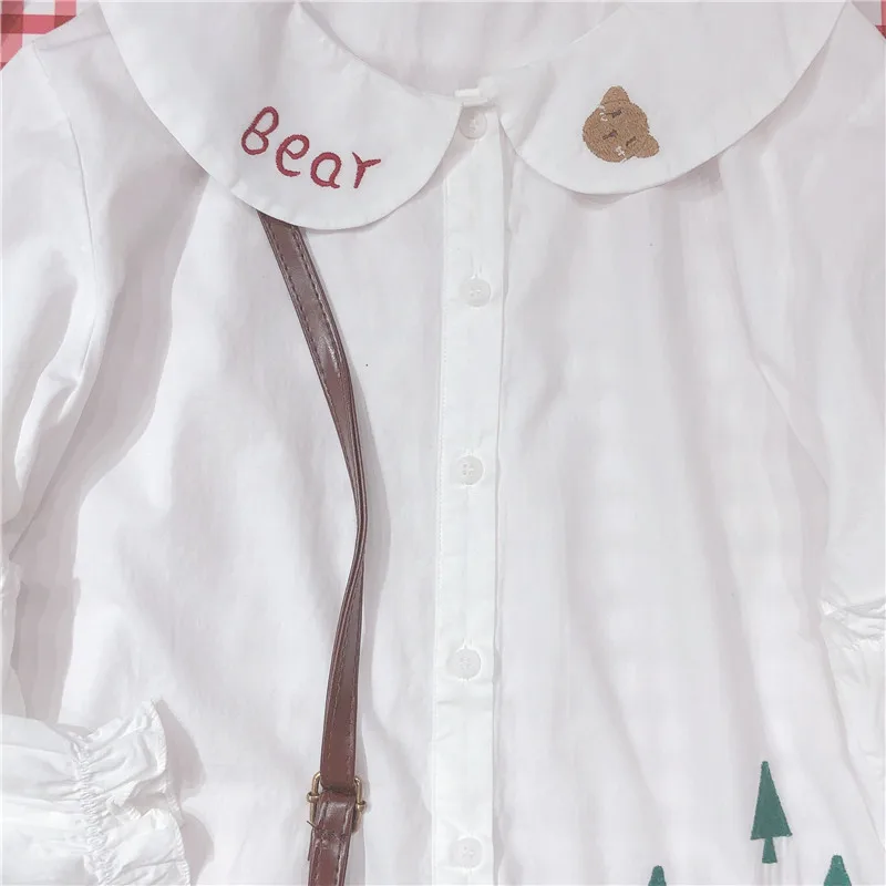 

Korean Sweet Cute Loose Girl Doll Collar Blouse Neckline Bear Embroidery Bishop Sleeve Cartoon Pattern Embroidery Women Undies